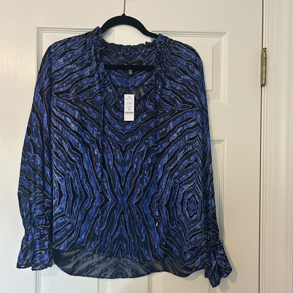 White House Black Market L/S Silk Burnout Tie Blouse